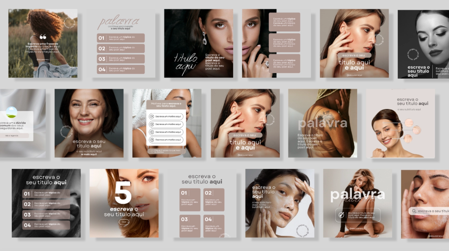 Prévia do Pack Nude: templates editáveis no Canva para Instagram