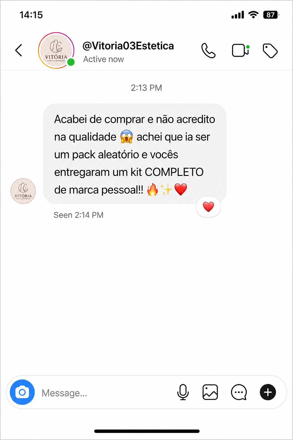 Mensagem no Direct elogiando a qualidade do kit completo