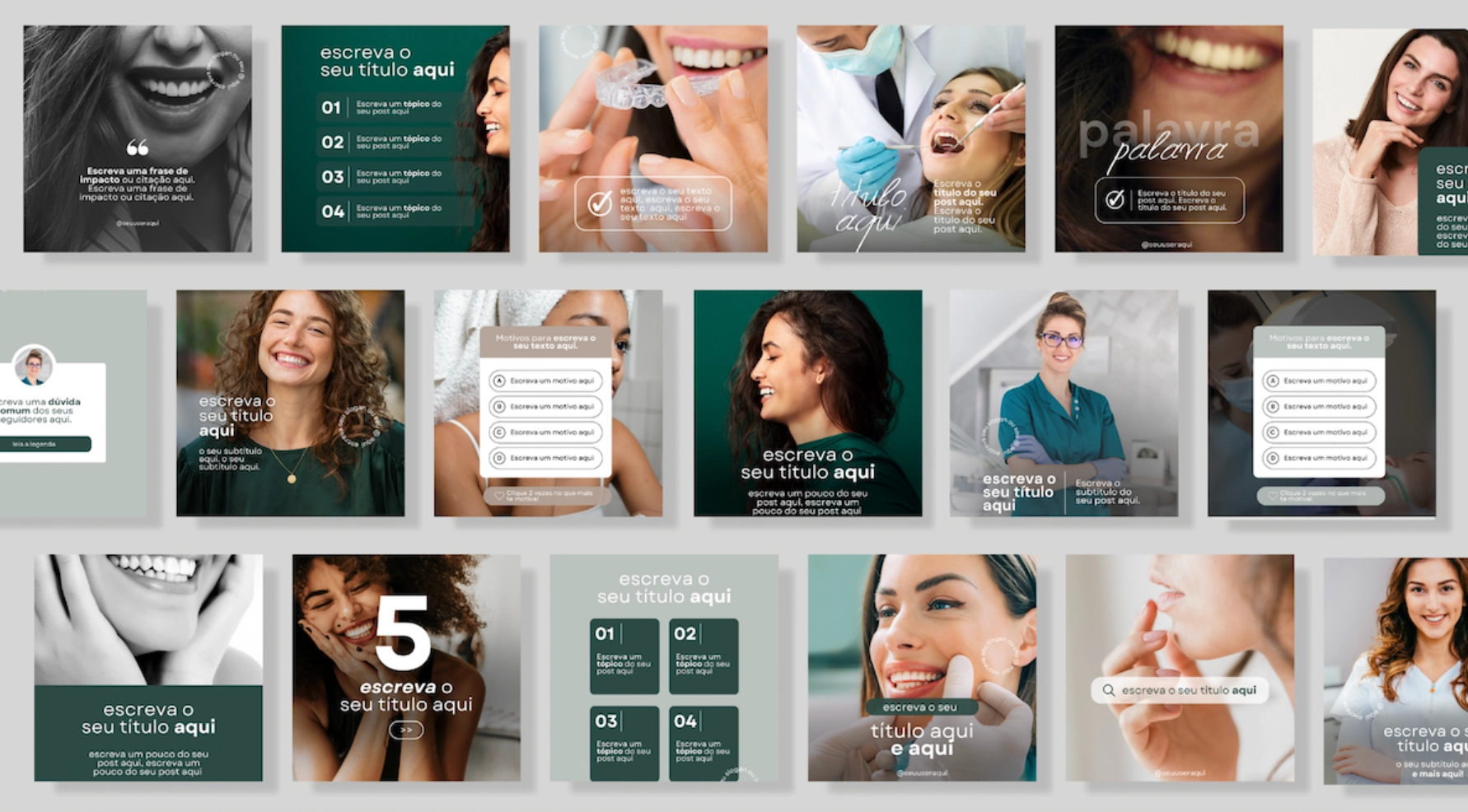 Prévia do Pack Odonto: templates editáveis no Canva para Instagram