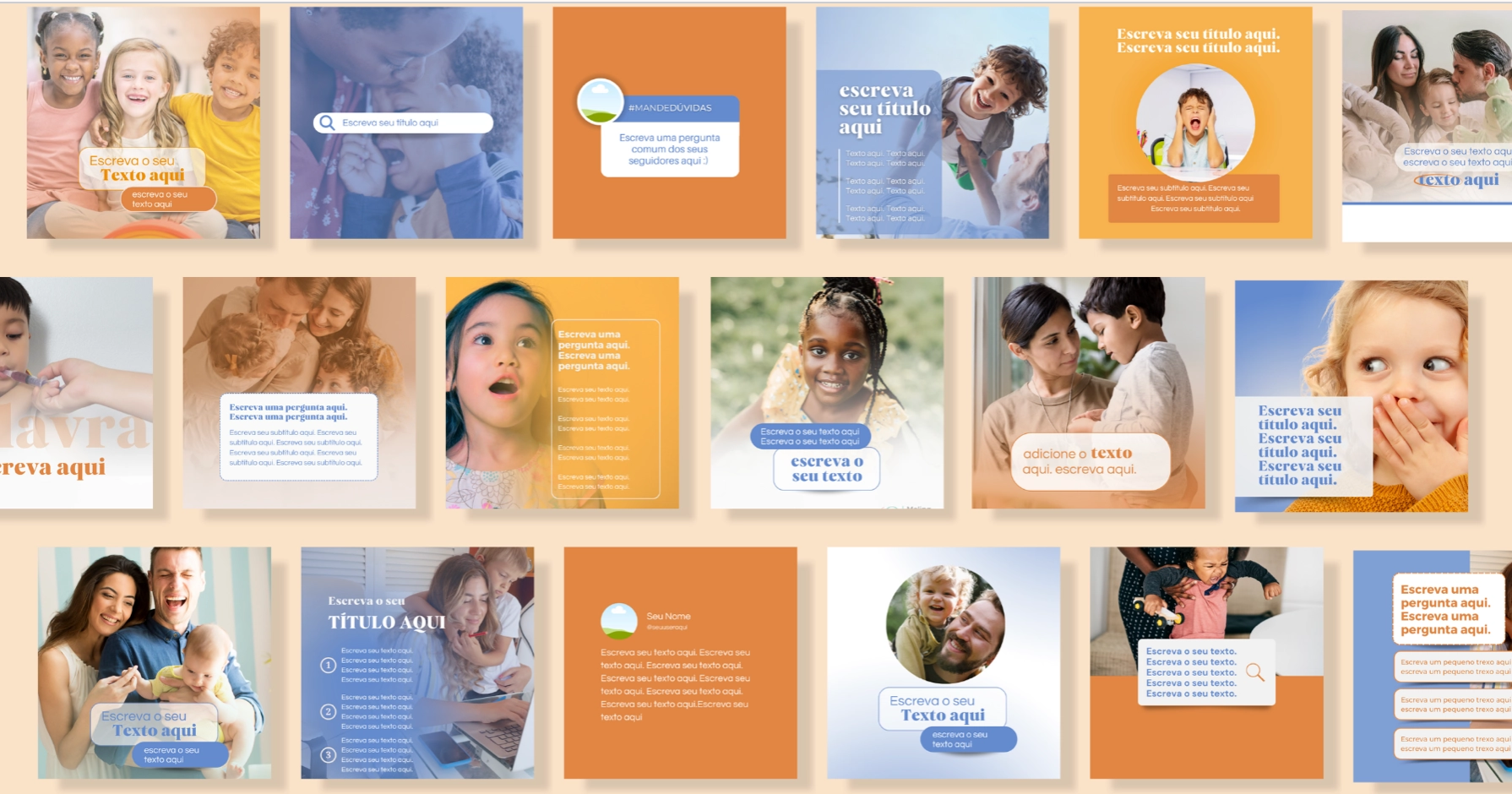 Prévia do Pack Infantil: templates editáveis no Canva para Instagram
