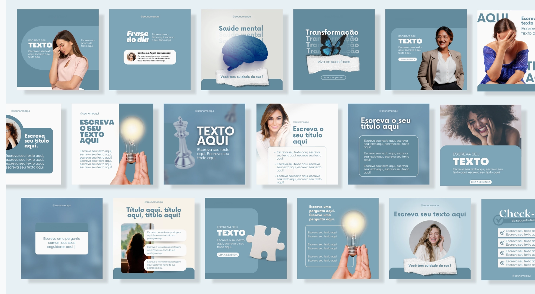 Prévia do Pack Mente Azul: templates editáveis no Canva para Instagram
