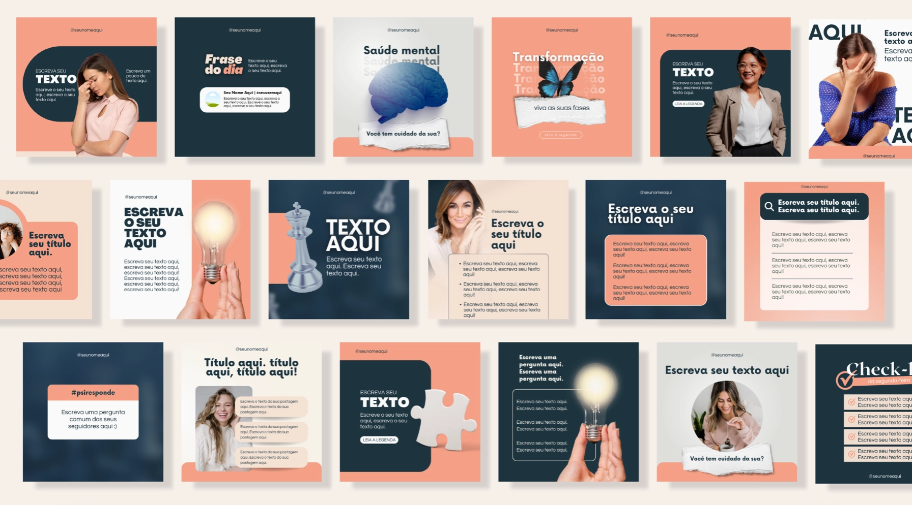 Prévia do Pack Psicologia: templates editáveis no Canva para Instagram