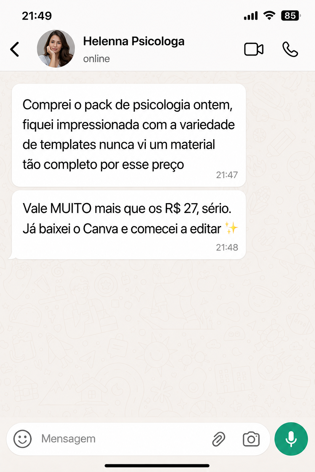 Conversa no WhatsApp sobre o pack de psicologia
