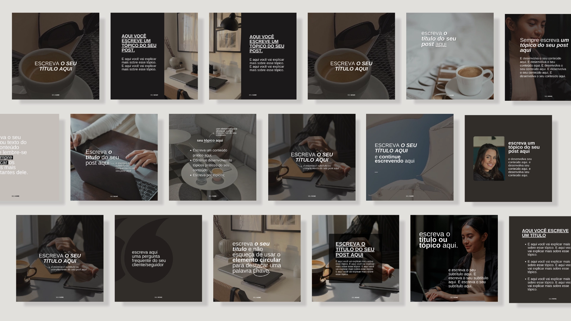 Prévia do Pack Café: templates editáveis no Canva para Instagram